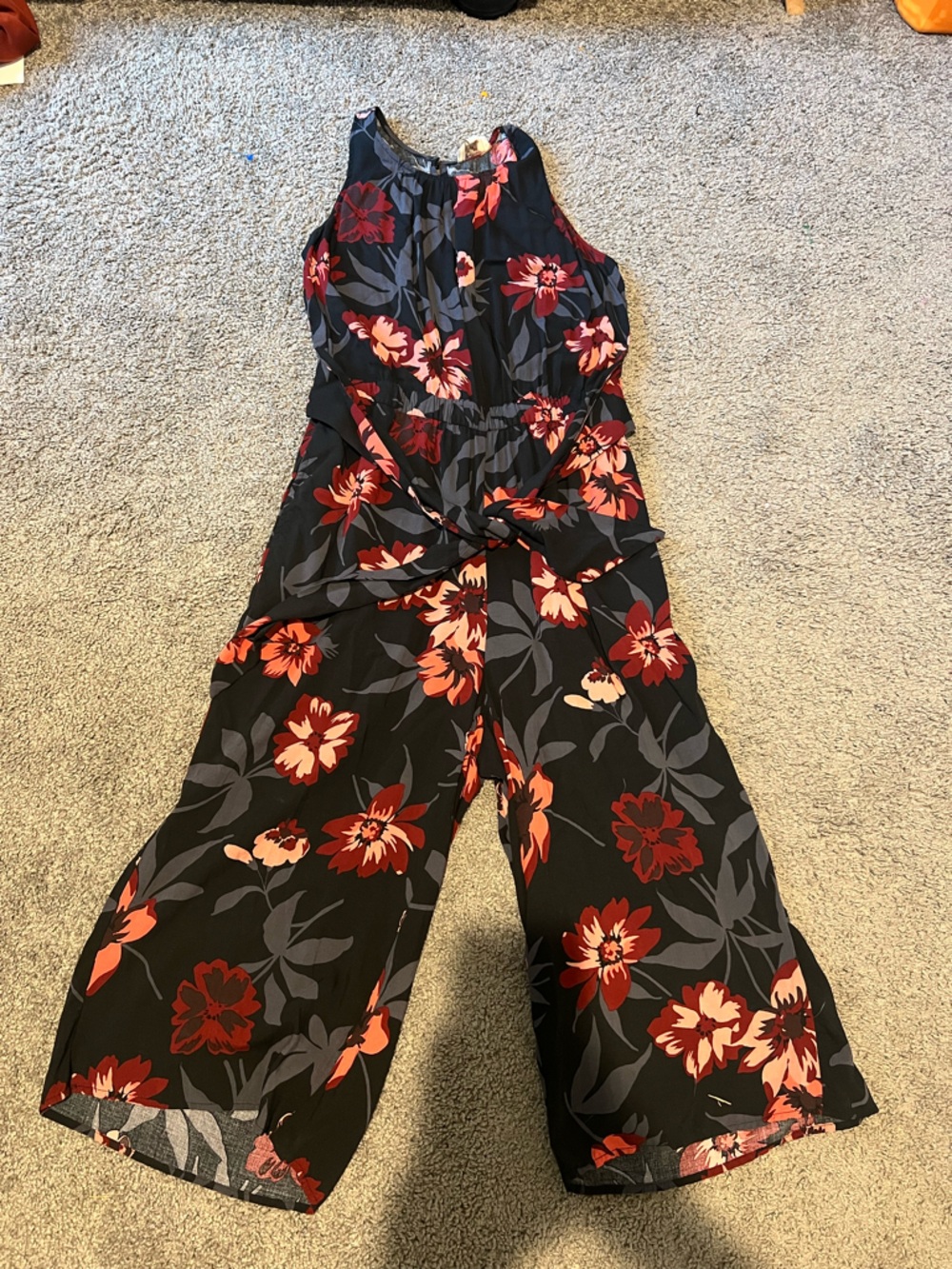 LOFT Black Floral Sleeveless Jumpsuit with Red and Coral Flowers